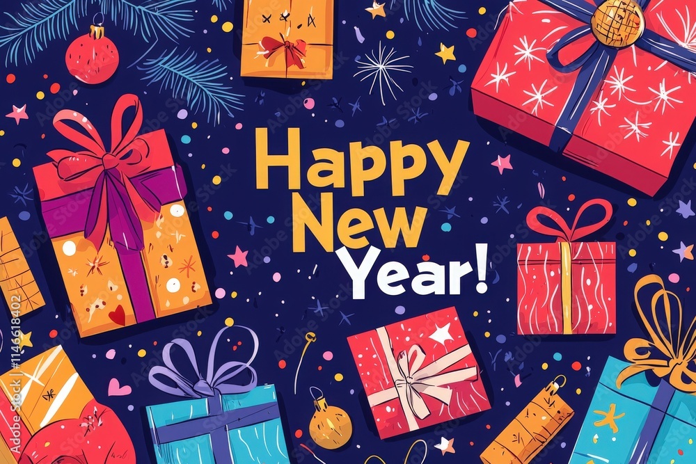 Cheerful presents in vibrant colors surround the joyful message of Happy New Year, creating a festive atmosphere perfect for welcoming the upcoming year.