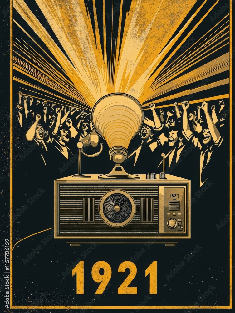 Cheering crowd gathers around a vintage radio, celebrating a momentous event in 1921. The iconic horn speaker amplifies the excitement in a display of enthusiasm and unity.