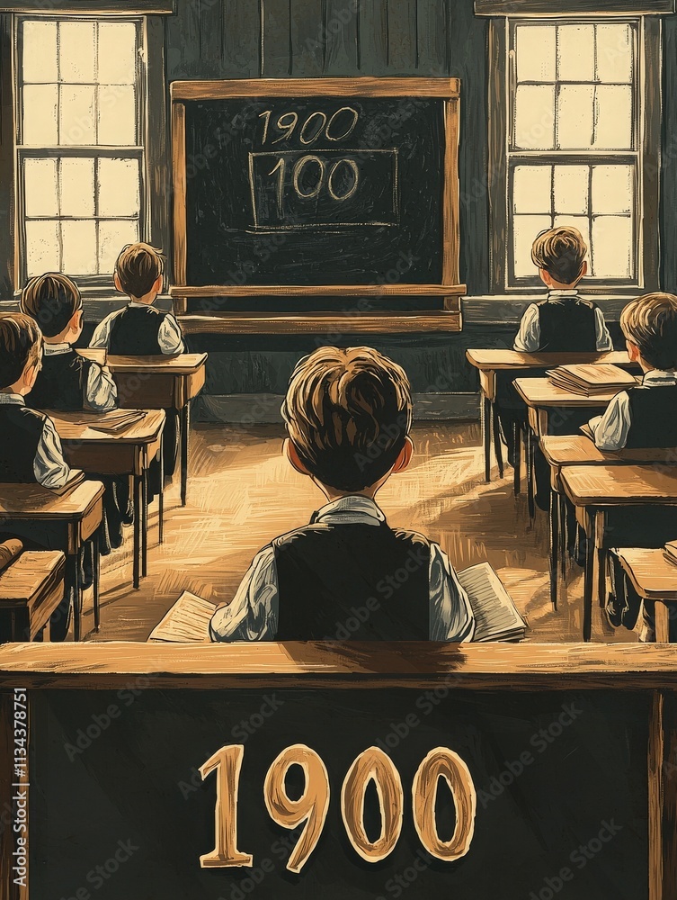 Children sit attentively at wooden desks in a vintage classroom from the early 1900s, focused on lessons displayed on a chalkboard. The environment reflects a historical educational experience.