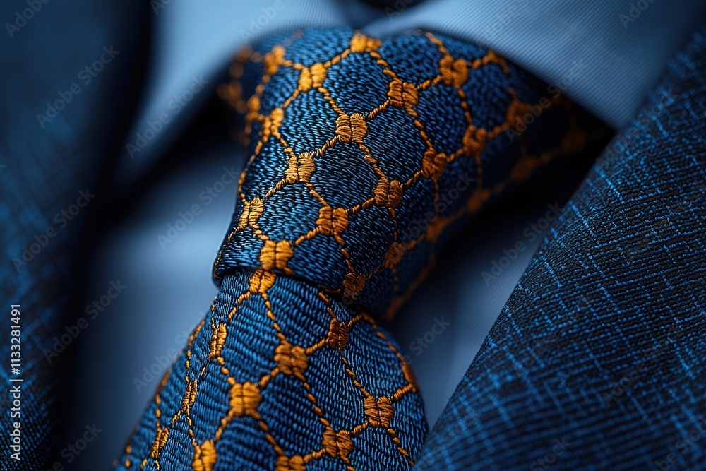 Close-up of a stylish blue tie featuring an intricate orange geometric pattern. This tie complements a tailored suit, ideal for formal occasions or business meetings, showcasing sophistication.