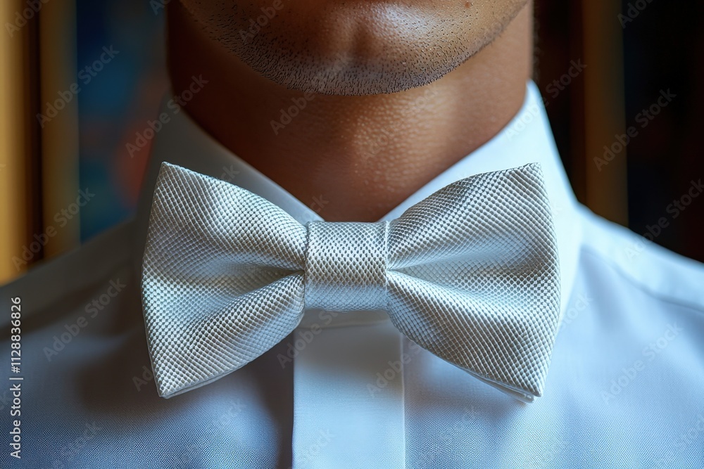 Close-up of a white bow tie neatly tied around the collar of a dress shirt. Soft light highlights the texture of the bow tie.