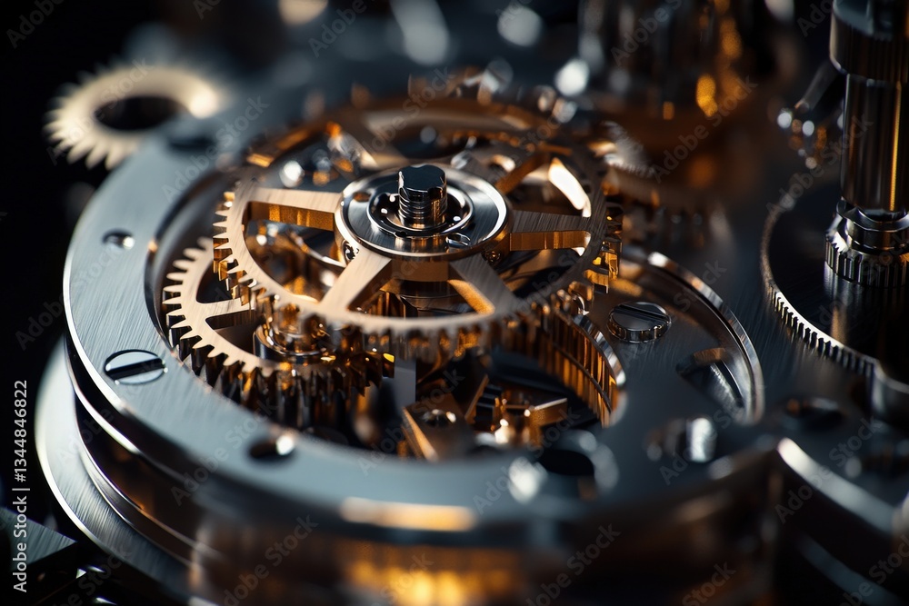 Close-up view of a mechanical clockwork assembly displaying interlocking gears and cogs crafted from polished metal. The intricate design highlights the precision and artistry of engineering.