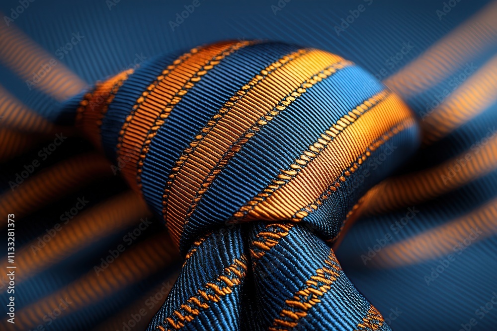 Close-up view of a well-tied striped tie featuring alternating blue and orange stripes, ideal for business meetings or formal events. The rich texture highlights the craftsmanship of the accessory.