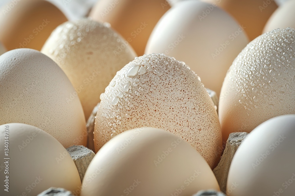 Close-up view of fresh eggs in an egg carton. Several eggs display droplets of moisture, suggesting they have recently been chilled or collected. The arrangement creates a pleasing visual display.