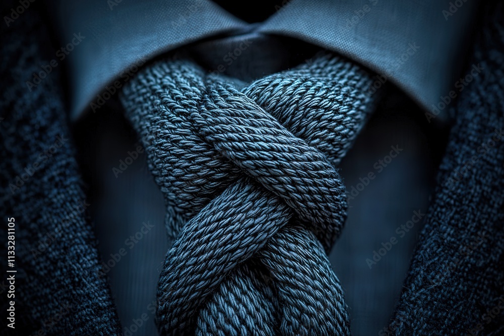 Close view of a beautifully knotted tie in deep blue hues, showcasing intricate weaving patterns. This stylish accessory complements a dark suit and dress shirt, perfect for formal occasions.