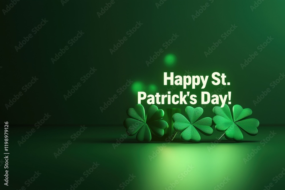 Clovers in vibrant green are displayed with a joyful greeting, creating a festive atmosphere for St. Patricks Day. The scene captures the spirit of celebration and cultural significance.