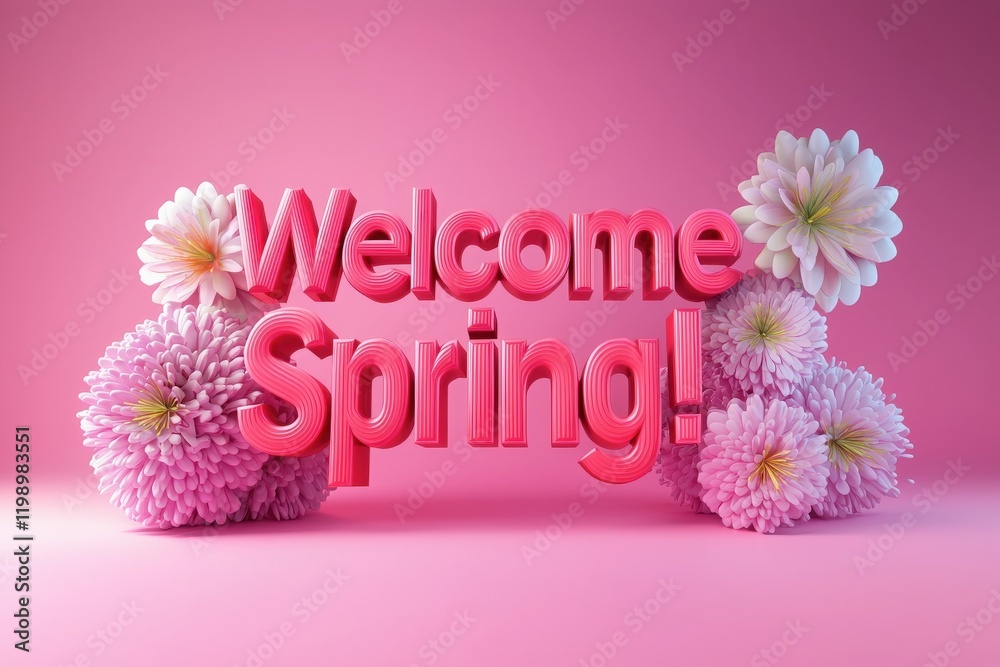 Colorful 3D text displays the phrase Welcome Spring! surrounded by vibrant flowers on a soft pink background, celebrating the arrival of the spring season with lively colors.