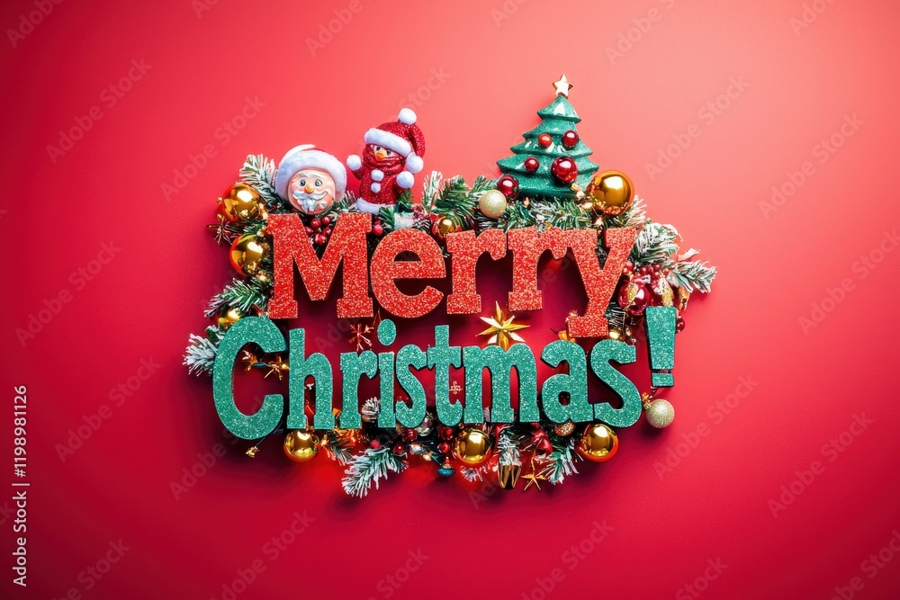 Colorful Christmas decoration showcases a Merry Christmas sign surrounded by festive ornaments, a tree, and cheerful characters on a bright red background, evoking holiday spirit and joy.