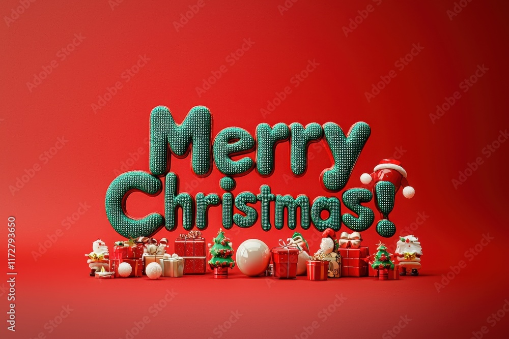 Colorful Christmas decorations fill the scene with the glittering text that reads Merry Christmas. Various gifts, ornaments, and festive figures create a joyful holiday atmosphere.