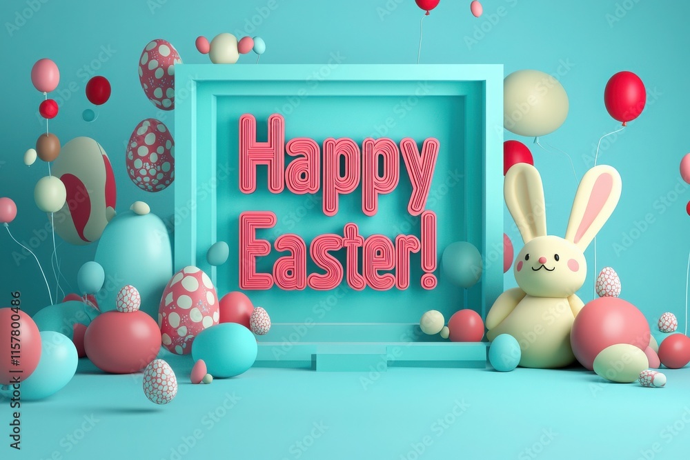Colorful Easter decorations create a festive atmosphere with pastel balloons, vibrant eggs, and a cheerful bunny. This joyful display invites everyone to celebrate the holiday spirit.
