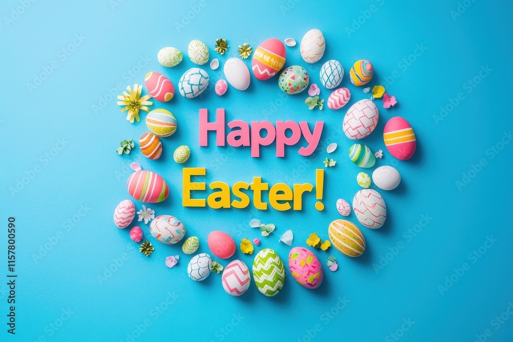Colorful Easter eggs in various patterns surround a vibrant greeting. The cheerful arrangement features pastel hues and playful designs, creating a festive and joyful atmosphere.