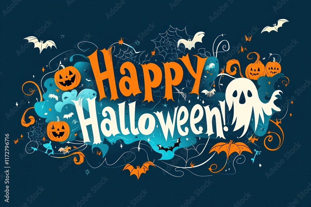 Colorful Halloween-themed artwork showcases cheerful ghosts, carved pumpkins, and playful bats on a dark background. This vibrant design captures the festive spirit of Halloween.