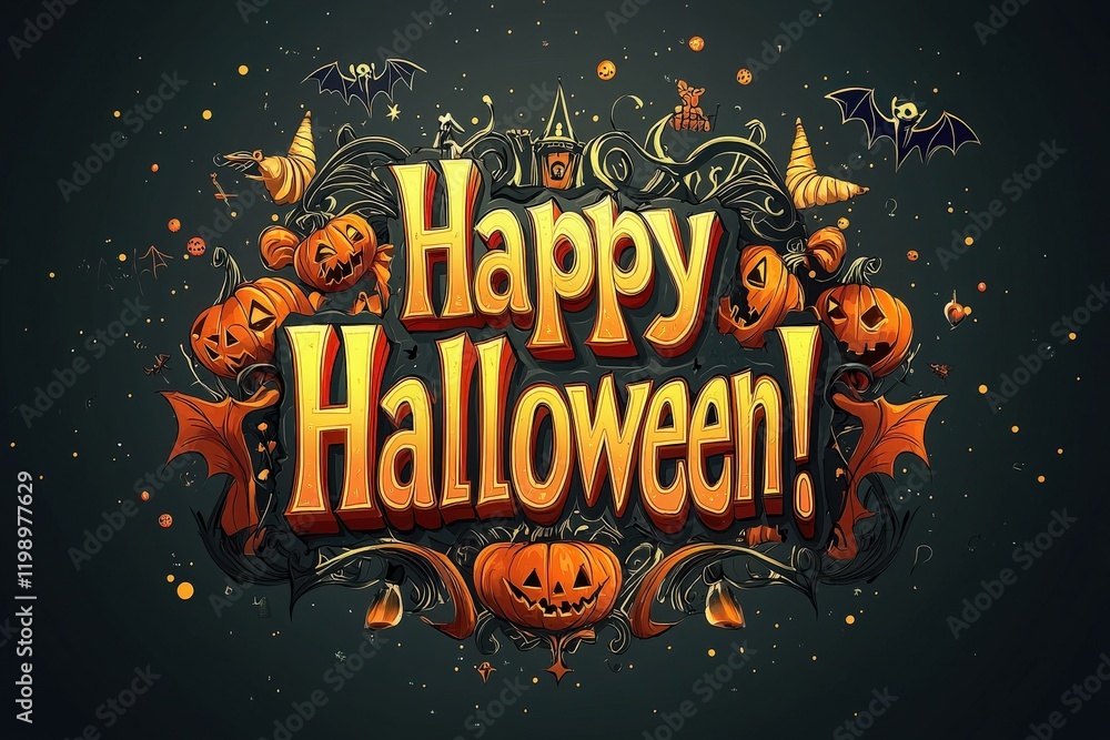 Colorful Halloween decor showcases a cheerful greeting with pumpkins, bats, and festive elements. The design captures the spirit of the holiday with lively visuals and autumn motifs.