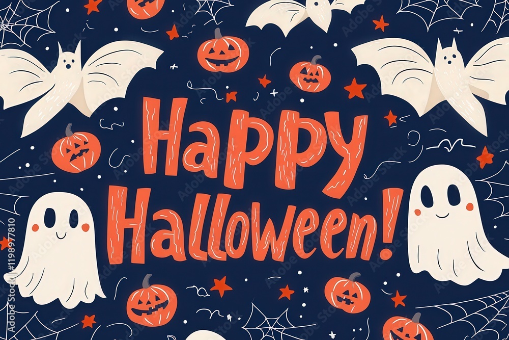 Colorful Halloween decoration showcases cheerful ghosts, pumpkins, and flying bats against a dark backdrop. Perfect for bringing festive spirit to October gatherings and celebrations.