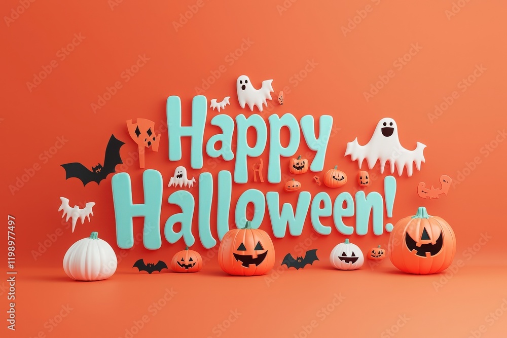 Colorful Halloween decorations display cheerful pumpkins, ghosts, bats, and festive elements against a vivid orange background, creating an inviting atmosphere for the holiday.
