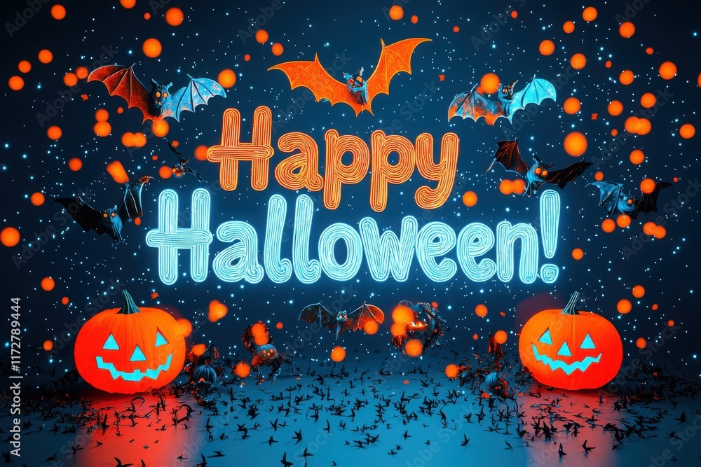 Colorful Halloween decorations feature bright pumpkins and animated bats against a dark background. The cheerful text conveys festive greetings, creating a lively atmosphere for the holiday.