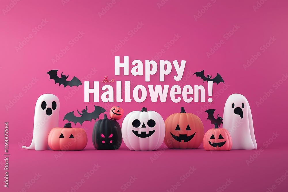 Colorful Halloween decorations feature various pumpkins, friendly ghosts, and bats set against a bright pink background. The festive display includes carved faces and playful elements.