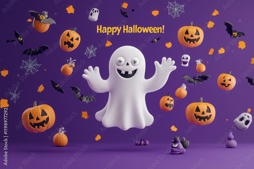 Colorful Halloween decorations fill the space with a playful ghost, spooky bats, and an array of carved pumpkins. The bright purple background enhances the festive spirit of the holiday.