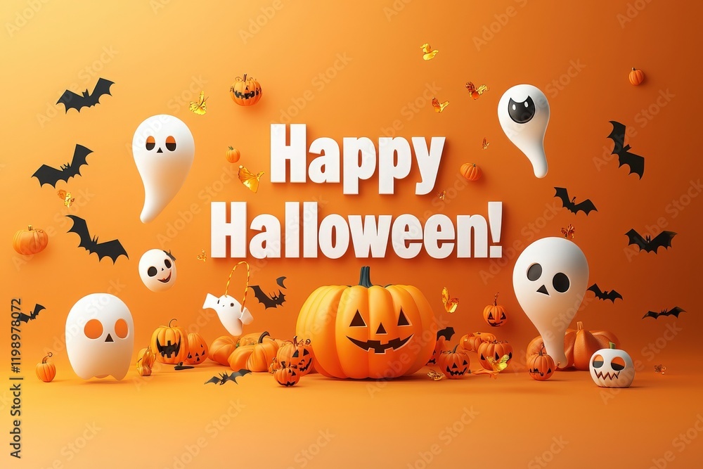Colorful Halloween decorations fill the space with playful ghosts, carved pumpkins, and bats against an orange backdrop. The display creates a lively and festive atmosphere for the holiday.