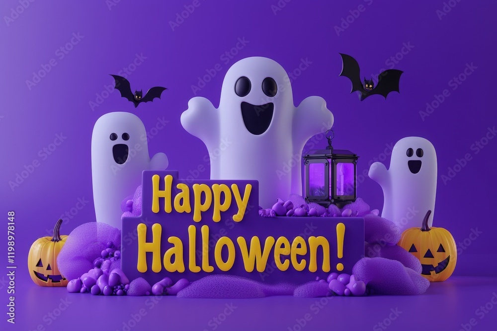 Colorful Halloween decorations showcase friendly ghosts, playful bats, and pumpkins with a bright purple background. The festive display includes a glowing lantern and expressions of holiday cheer.