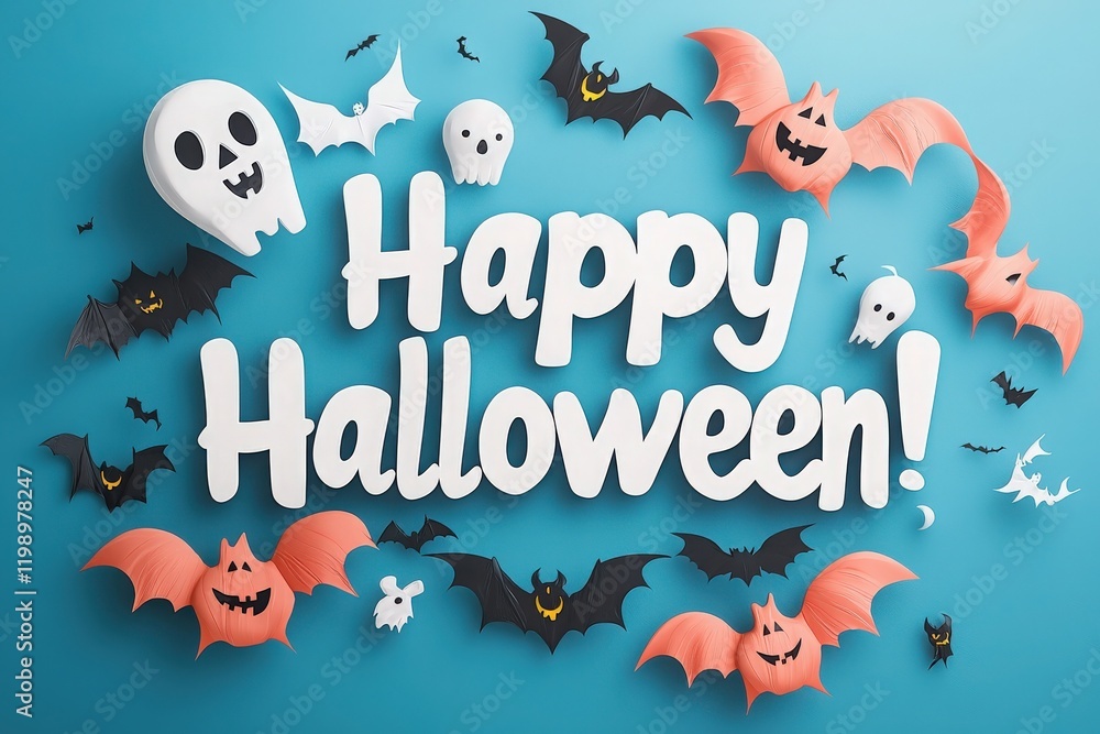 Colorful Halloween decorations showcase playful ghosts, bats, and pumpkins on a bright blue background. This festive display highlights the spooky spirit of the holiday season.