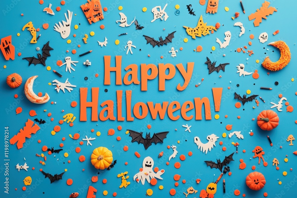 Colorful Halloween elements like pumpkins, bats, and ghosts are artistically spread across a bright blue background, celebrating the spirit of Halloween with playful designs and vibrant colors.
