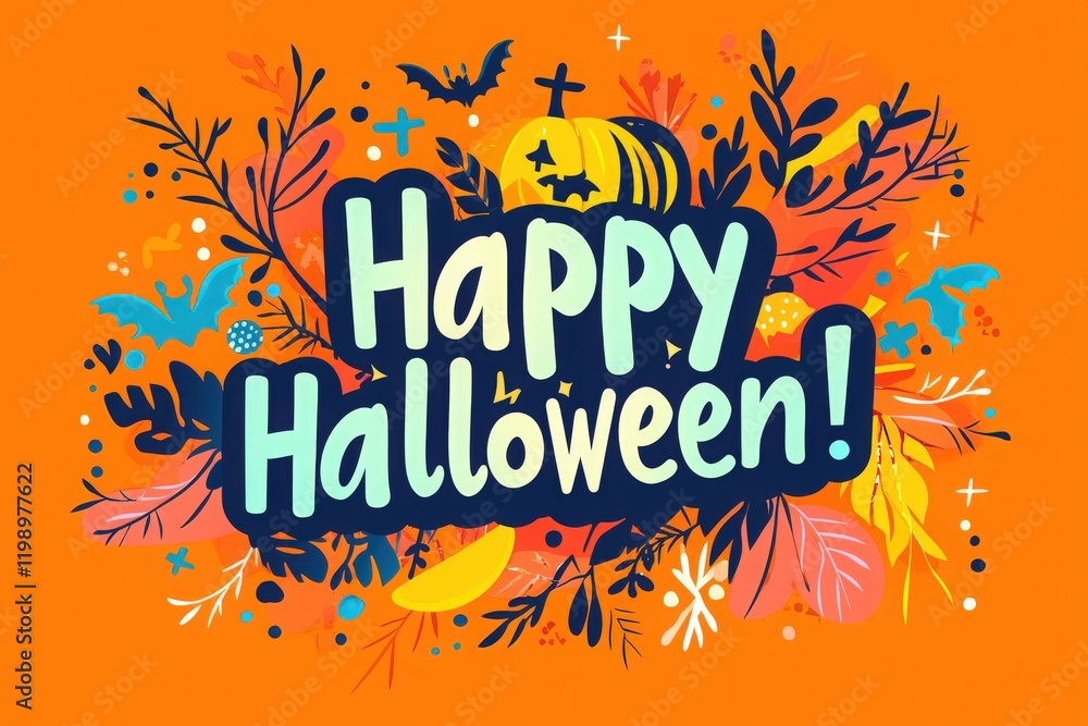 Colorful Halloween greeting design with pumpkins, bats, and leaves on a bright orange background. The text Happy Halloween! is prominently displayed in a playful font, celebrating the holiday.