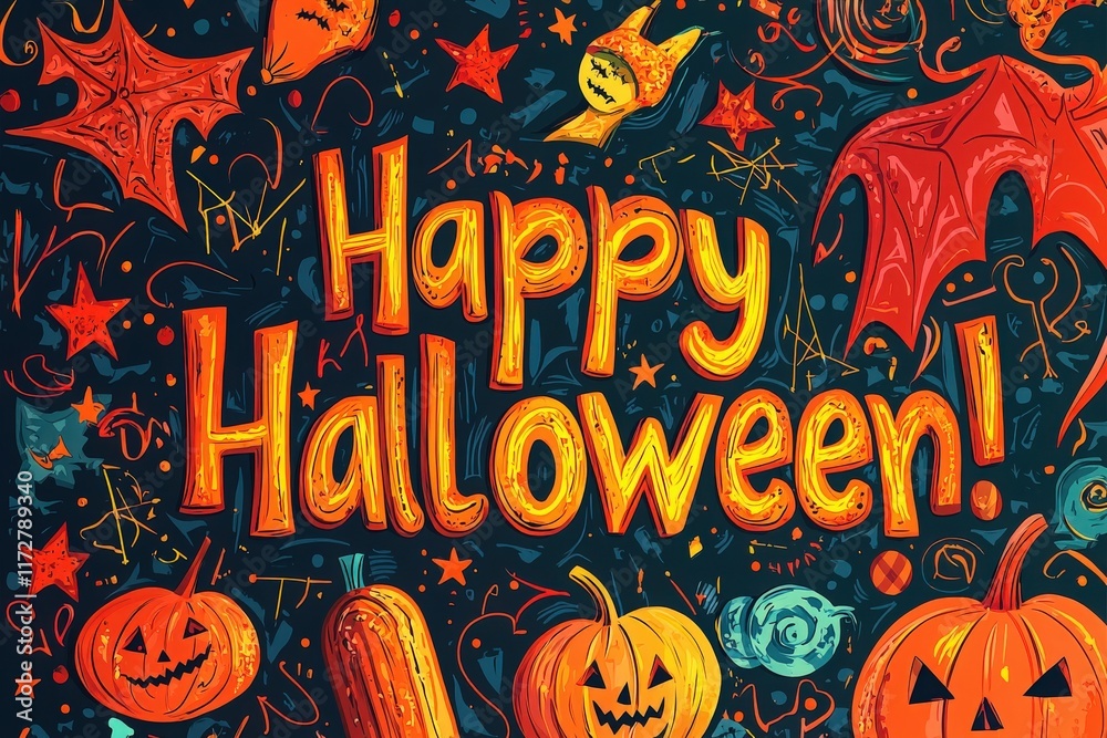 Colorful Halloween illustrations feature pumpkins, bats, and ghostly elements surrounding a cheerful greeting. This artwork captures the excitement and fun of the spooky season.