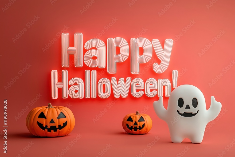 Colorful Halloween setup features two carved pumpkins and a cheerful ghost figure against a bright orange background, creating a fun and festive atmosphere for the holiday celebration.