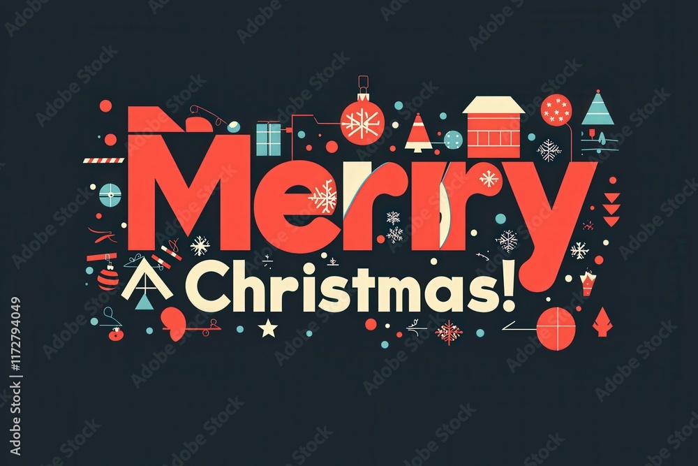 Colorful Merry Christmas greeting features festive icons like ornaments, trees, gifts, and snowflakes, creating a cheerful holiday atmosphere perfect for seasonal celebrations and decorations.