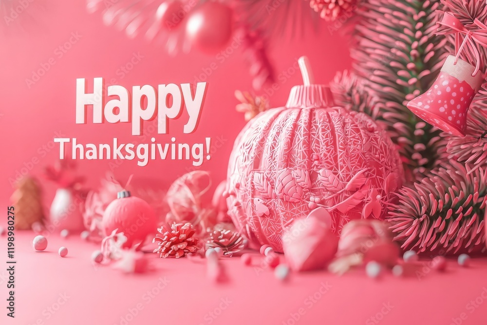 Colorful Thanksgiving decorations feature a pink pumpkin, ornaments, and pine branches creating a festive atmosphere for the holiday. The joyful display invites celebration and gratitude.