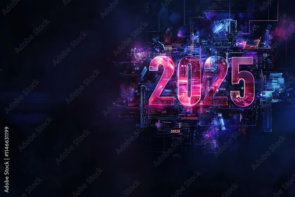 Colorful and abstract design showcasing the year 2025, featuring dynamic shapes and glowing lights. The creative use of colors adds an energetic and modern feel to the artwork.