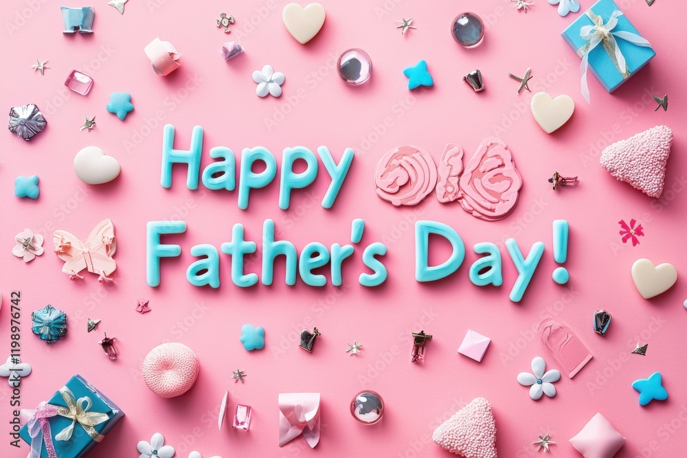 Colorful arrangement features the text Happy Fathers Day surrounded by gifts, candies, and decorative items on a pink background. Perfect for a festive celebration showcasing love and appreciation.