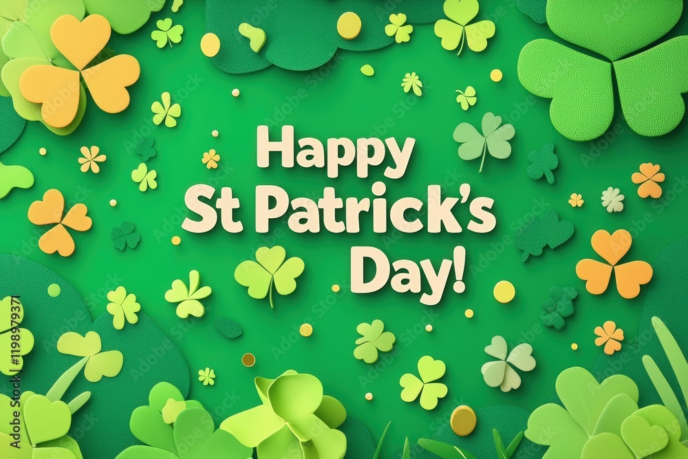 Colorful arrangement features various clovers on a vibrant green background, celebrating St Patricks Day with joyful decorations. Bright and lively details create a festive atmosphere.