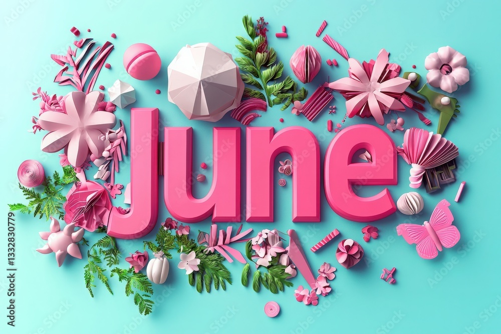 Colorful arrangement of paper-like flowers, leaves, and decorative elements surrounds the word June.