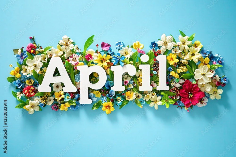 Colorful, artificial flowers surround the word April in bold letters, set against a bright blue background. The arrangement highlights the seasons beauty and cheerful vibes.