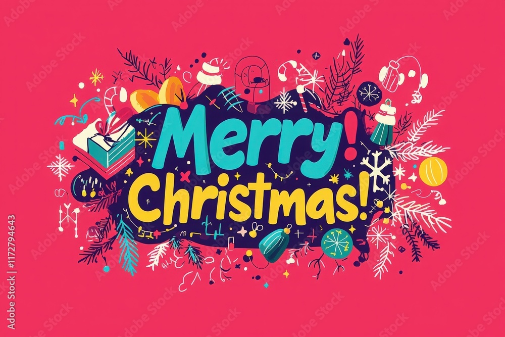 Colorful artistic decorations showcase a festive atmosphere filled with gifts, ornaments, and holiday cheer. The design captures the essence of Christmas celebrations, spreading joy and warmth.