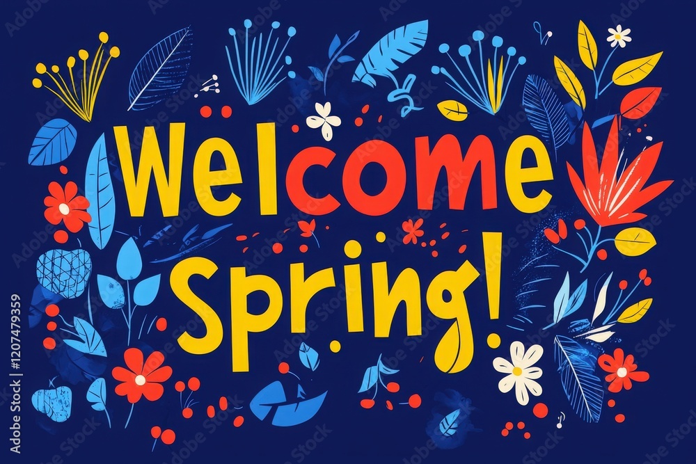 Colorful artwork displays a cheerful greeting for spring, featuring bright flowers and leafy designs. The lively colors create a joyful atmosphere, perfect for celebrating this seasonal change.