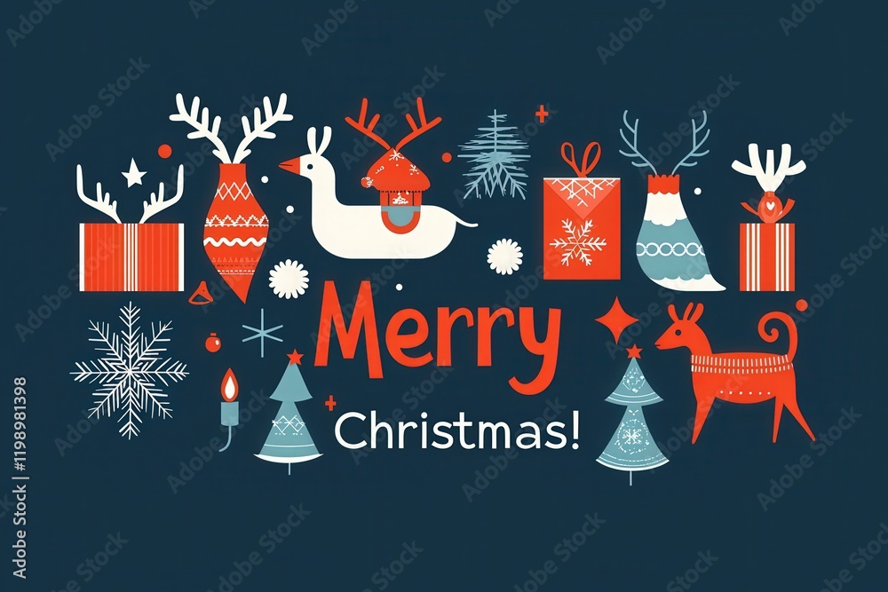 Colorful artwork displays reindeer with antlers, gifts, snowflakes, and holiday trees, all celebrating Christmas cheer. The design invites a joyful and festive atmosphere for the season.