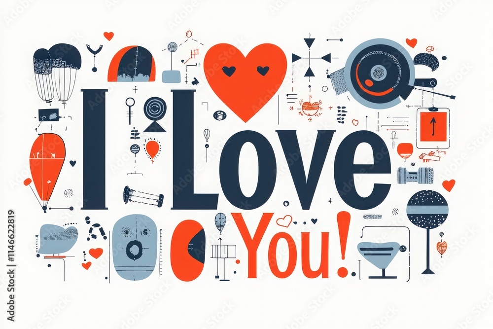 Colorful artwork showcases the phrase I Love You surrounded by whimsical icons and hearts, perfect for expressing affection. The design blends various illustrations in a captivating layout.