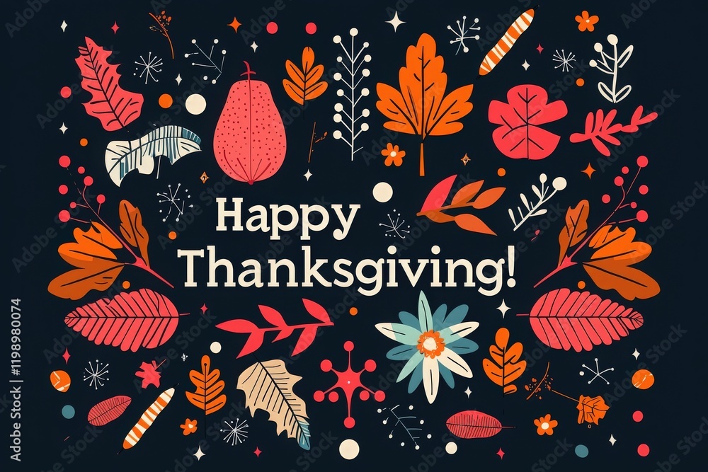 Colorful autumn-themed artwork displays various leaves and flowers surrounding the text wishing a Happy Thanksgiving. The dark background enhances the vivid hues of the design.