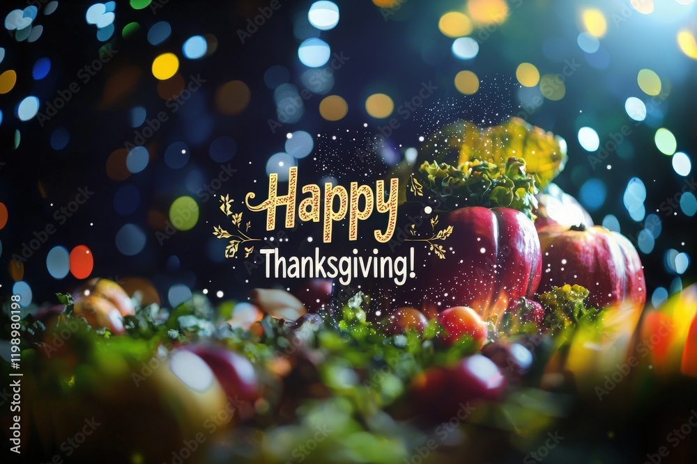 Colorful autumn fruits and vegetables create a festive atmosphere for Thanksgiving. Bright lights and a joyful message enhance the celebratory feeling of gratitude and togetherness.