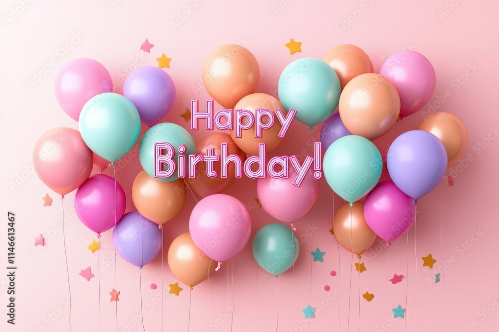 Colorful balloons in shades of pink, purple, mint, and gold arranged against a soft pink backdrop, with cheerful birthday greeting and vibrant star confetti enhancing the festive mood.