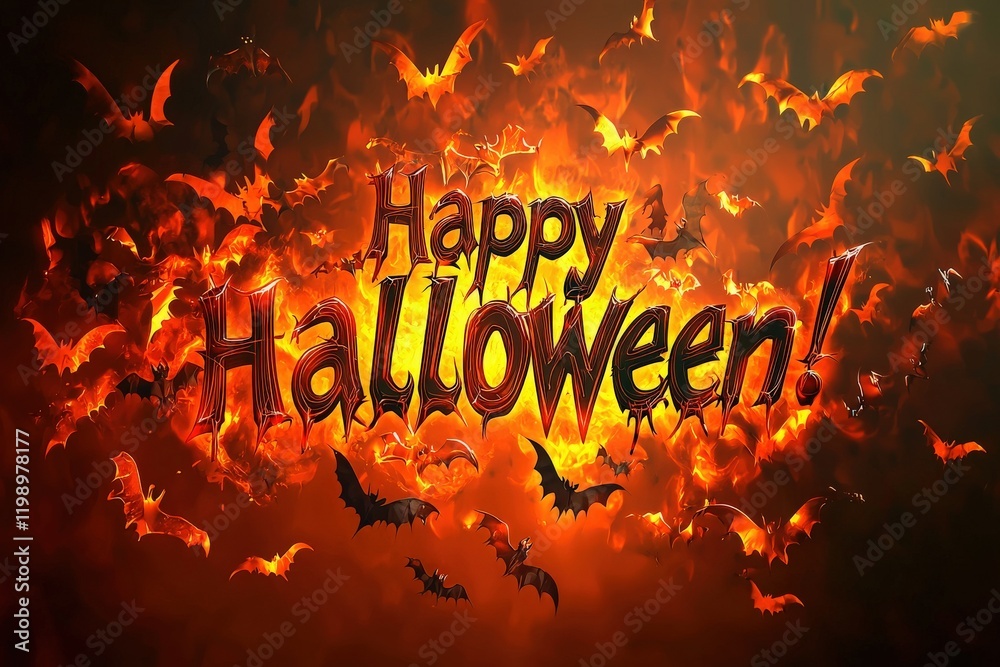 Colorful bats and fiery orange background create a Halloween ambiance celebrating the festive spirit. This design showcases a playful greeting that invites all to enjoy the holiday.