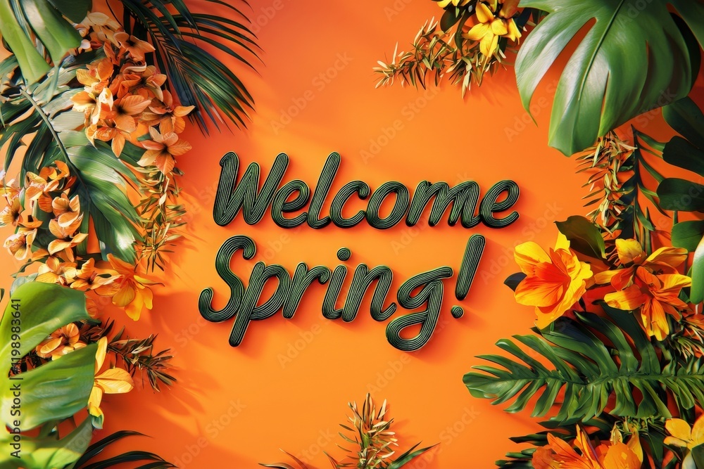 Colorful blooms and lush greenery create a festive welcome for spring. The bright orange backdrop enhances the lively celebration of the season, inviting joy and renewal.