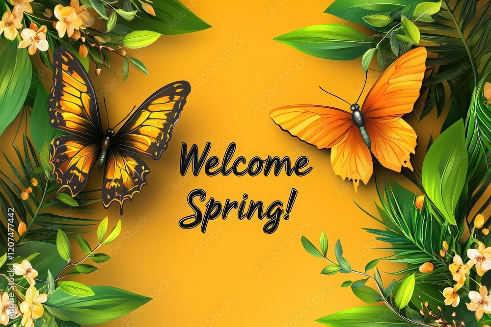 Colorful butterflies hover among fresh green leaves and delicate flowers, creating a lively spring atmosphere. The cheerful display aptly welcomes the season of renewal and growth.