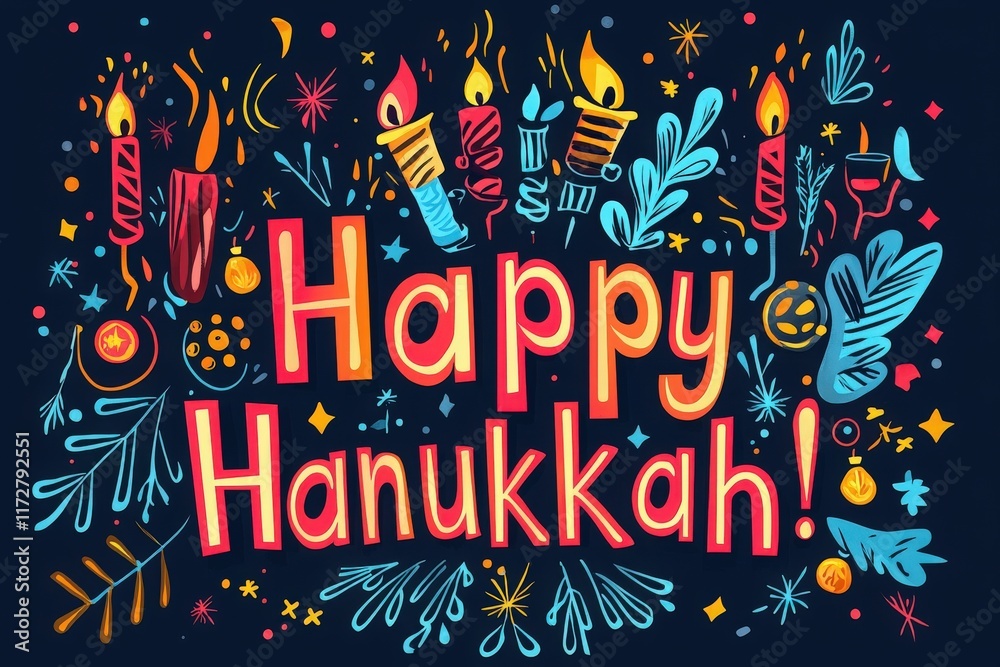 Colorful candles and decorations bring life to the celebration of Hanukkah. The festive symbols reflect joy and unity during this important holiday, captivating viewers with its spirit.