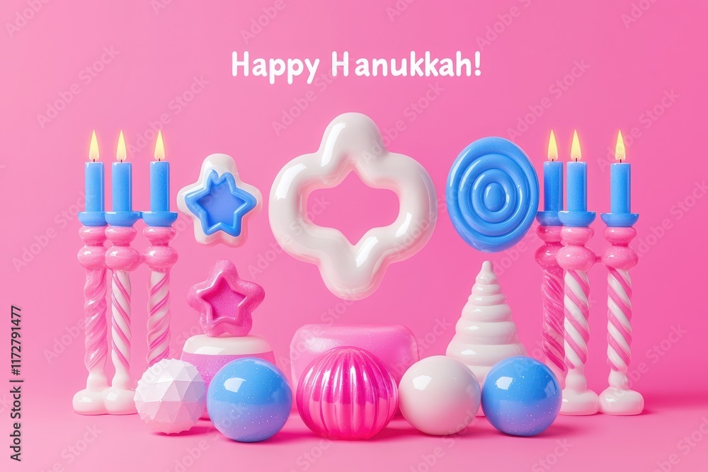 Colorful candles and playful shapes create a cheerful atmosphere for Hanukkah. The vibrant pink background enhances the festive mood, inviting joy and celebration during the holiday.