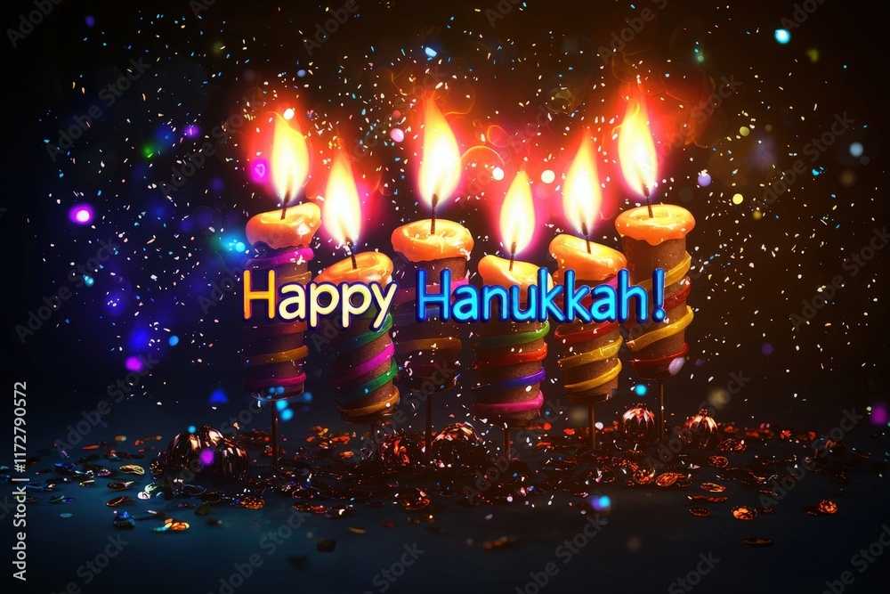 Colorful candles are lit for Hanukkah against a vibrant backdrop of sparkling lights and decorations. The celebration captures the spirit of joy and tradition associated with the holiday.