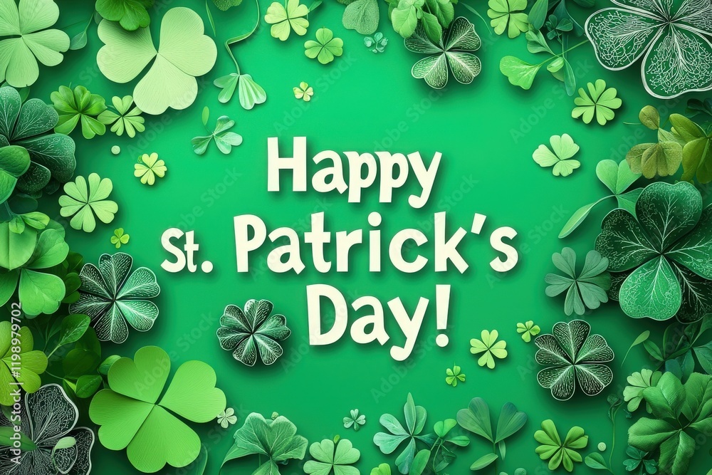 Colorful clovers in various shades of green create a festive backdrop. The cheerful message wishes everyone a happy St Patricks Day, embodying the spirit of celebration.